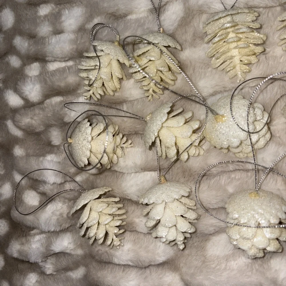Set Of 12 White Glitter Pinecone Ornaments Glam Decor Holiday